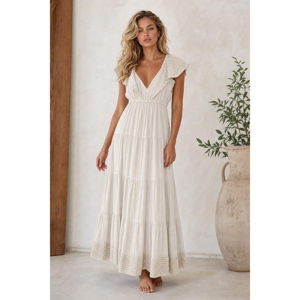 Nation AK Outfits Maxi Dress Womens L Cream Boho Neutral Eyelet Tiered Crochet